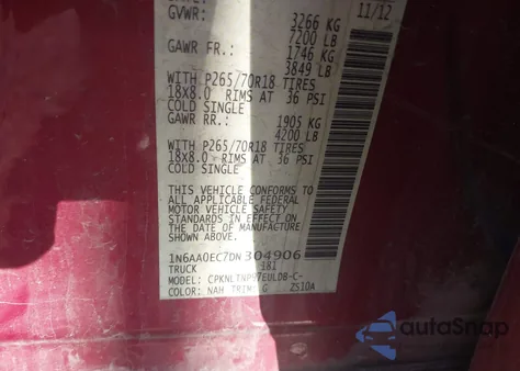 2013 Nissan Titan Sv from USA, damaged, VIN 1N6AA0EC7DN304906